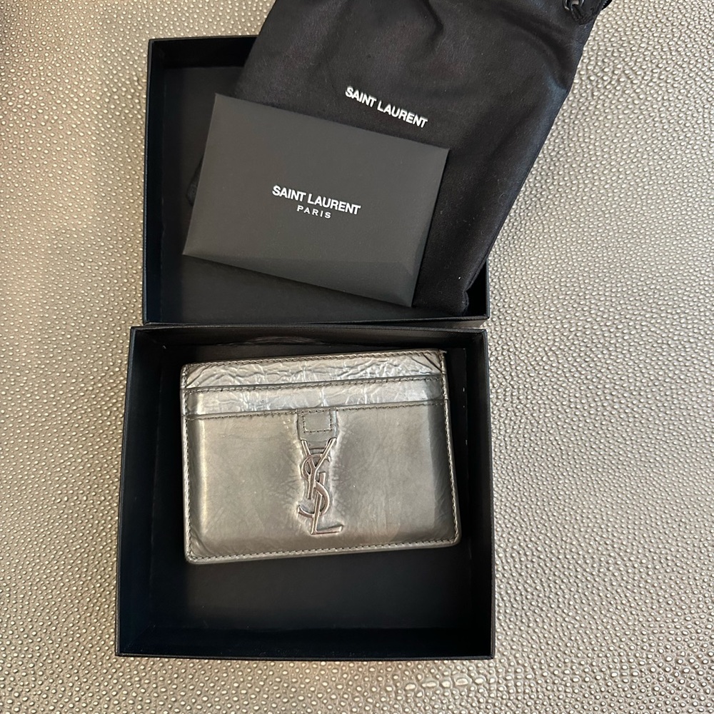 Saint Laurent Silver Card Holder Textured Leather